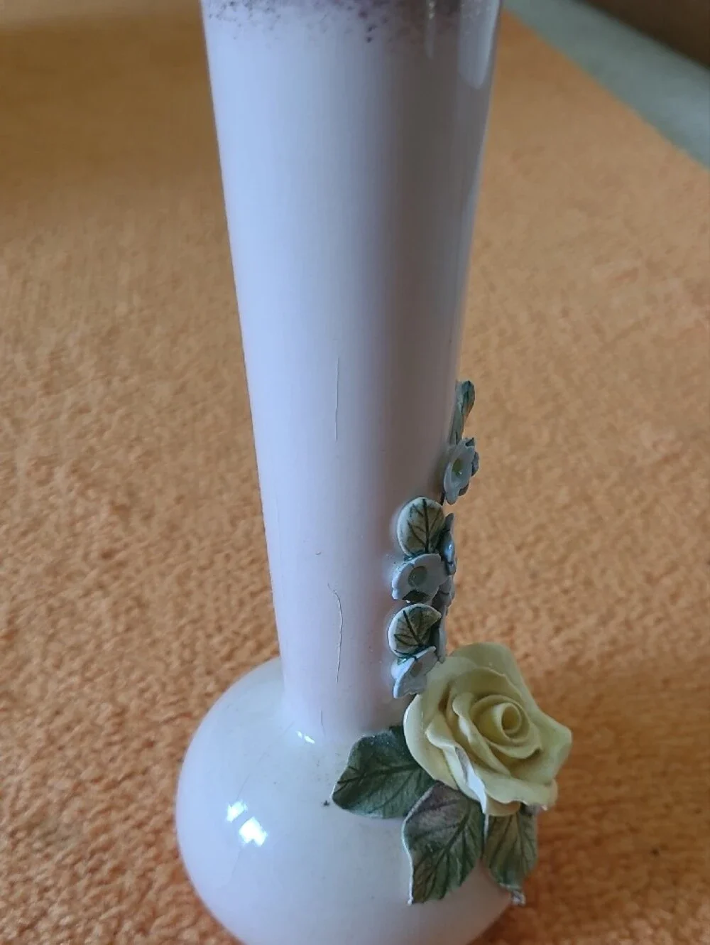 White Ceramic Bud Vase with Yellow Rose and Green Leaf Accents